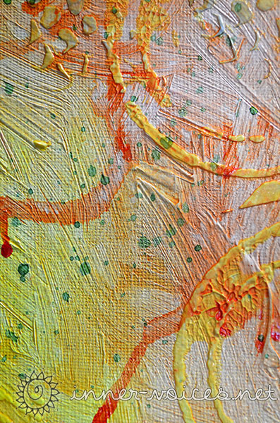 Mixed Media peacock painting close-up, by Nolwenn Barre Petitbois