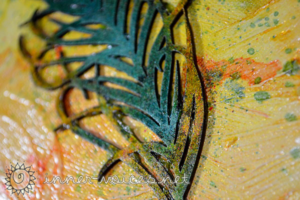 Mixed Media peacock painting close-up, by Nolwenn Barre Petitbois